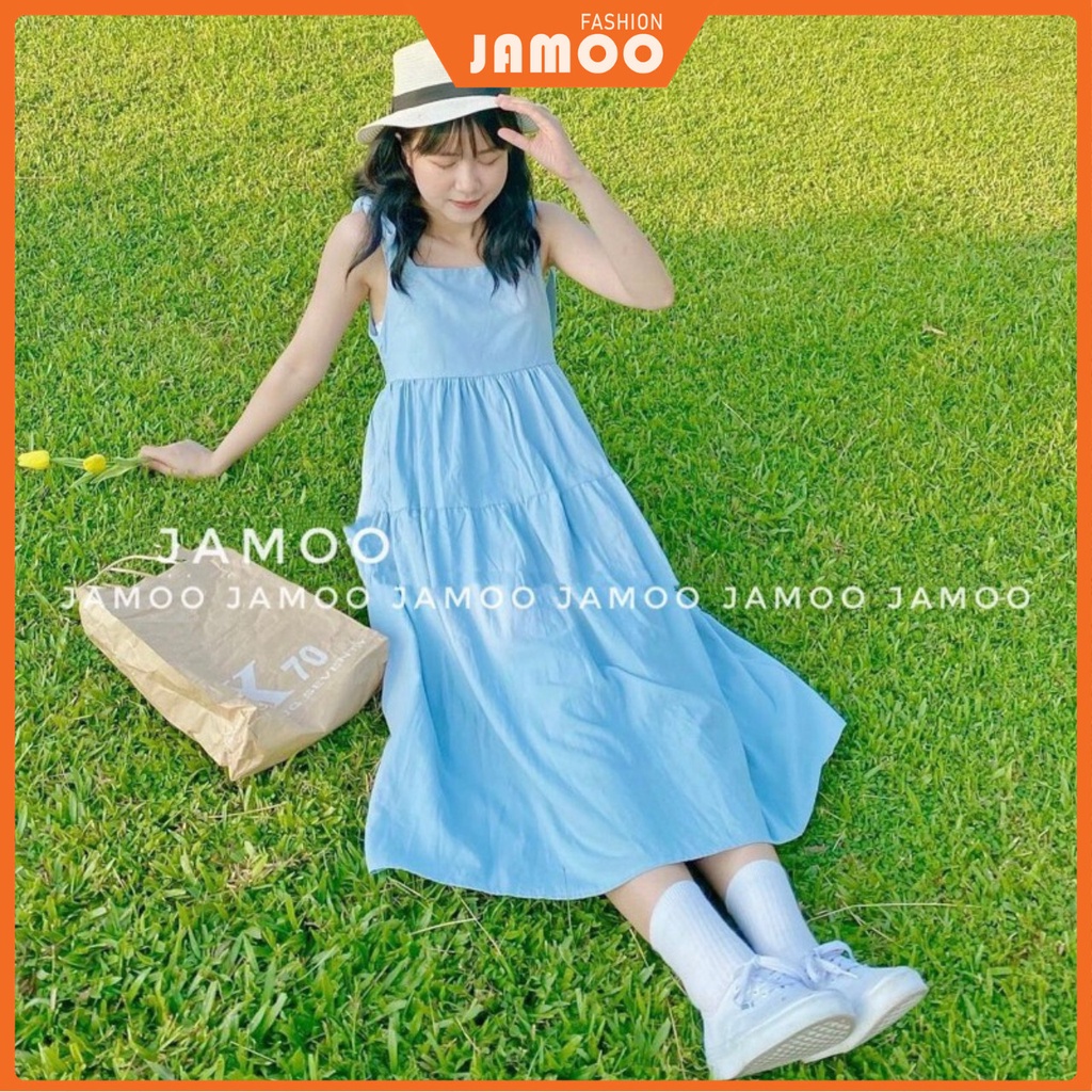 Đầm thô Babydoll Ulzzang dáng dài_ Váy hai dây buộc vai Jamoo