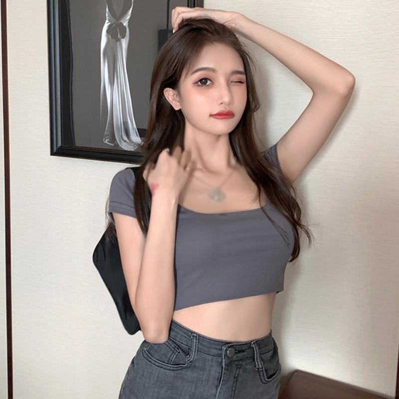 Áo Croptop Tay Ngắn Cổ Chữ U Màu Trơn Phong Áo Thun Cách Hàn Quốc