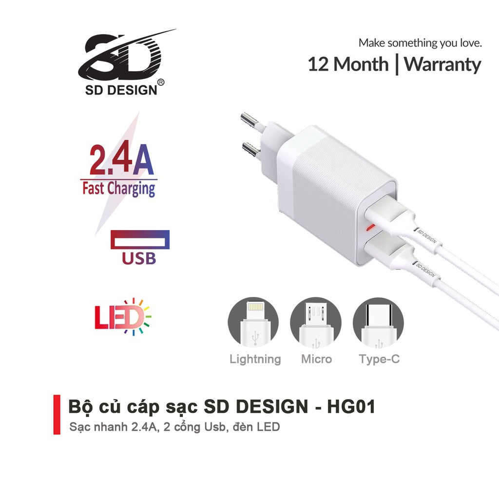 Bộ Củ+ cáp sạc  SD DESIGN HG01 chính hãng đầy đủ chân sạc lightning, TypeC, Micro cho mọi điện thoại Iphone, samsung,..