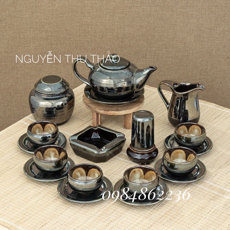 Bộ ấm chén men hoả biến rêu gương Bát Tràng- Bộ ấm chén đẹp- Bộ trà cao cấp