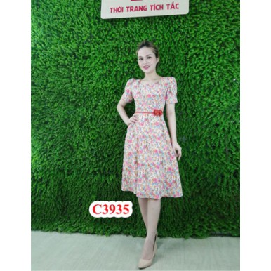 Đầm xòe hoa nhí màu cam viền eo A570