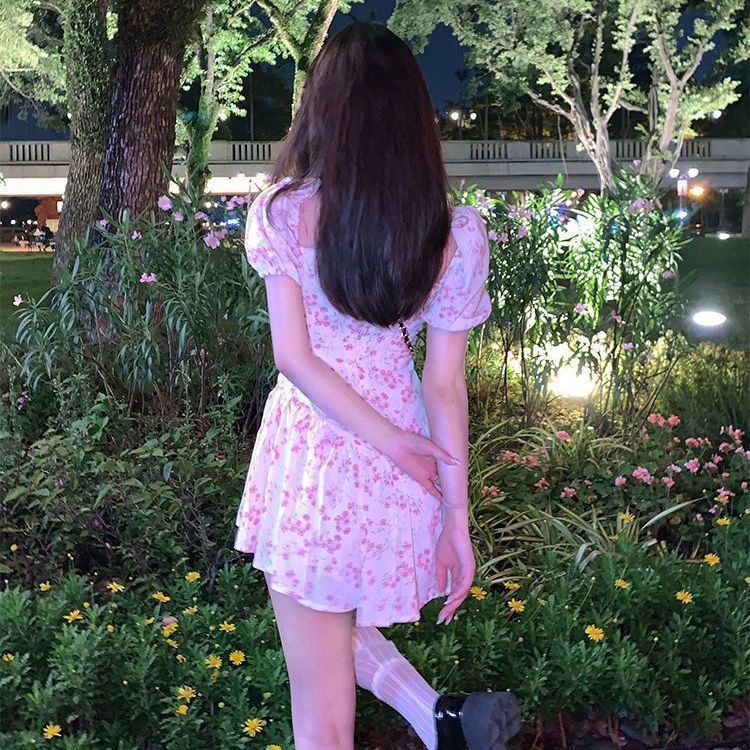 COZOK Đầm Tay Ngắn Cổ Vuông Họa Tiết Hoa Dáng Ôm Hợp Thời Trang