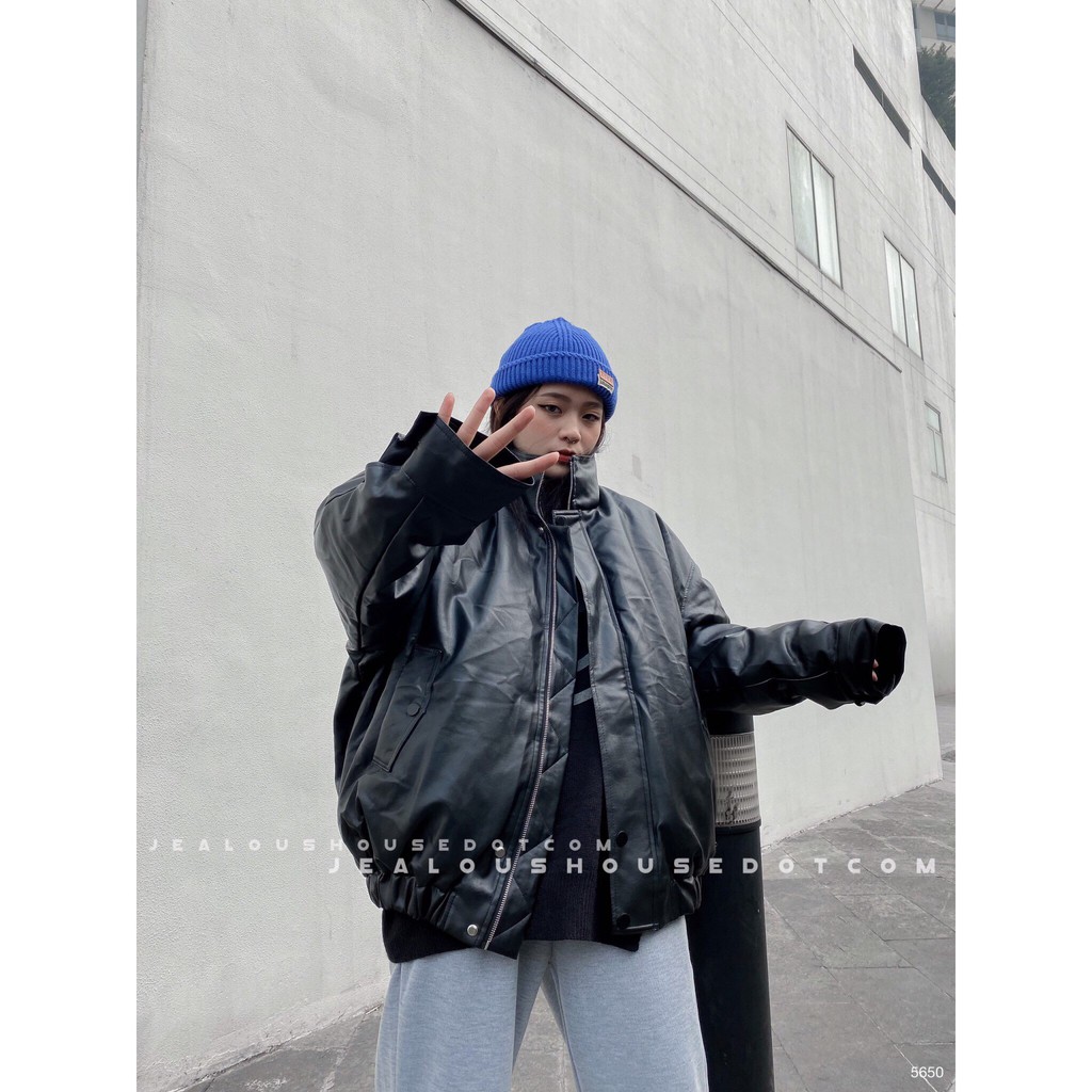 Áo khoác da nữ, áo jacket da bo gấu zip có đáp da 5650