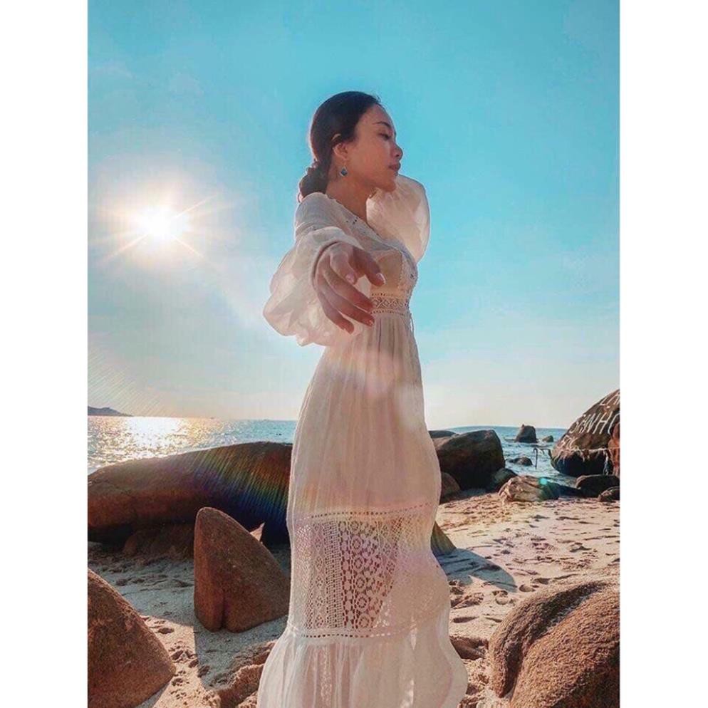 Đầm maxi công chúa FREESHIP - HÀNG CAO CẤP trắng phối ren XUKA-DRESS,đi biển siêu đẹp. Đẹp !
