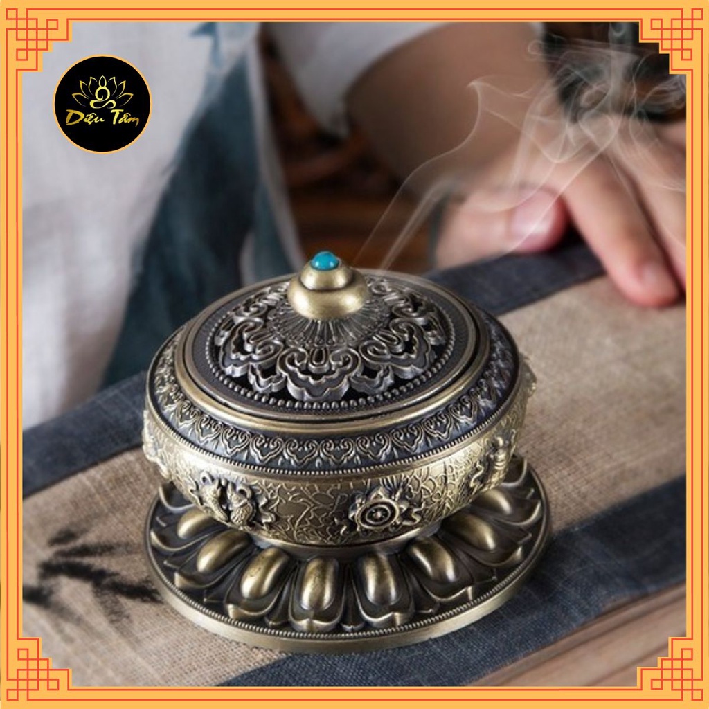 Lư xông trầm hương khắc hình bát bảo cát tường, tặng một hộp trầm nụ và trụ cắm nhang vòng.