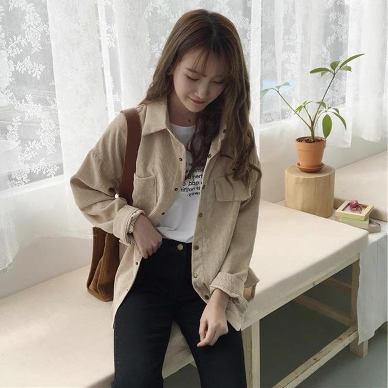 Áo khoác dáng sơmi có cổ nút cài kaki nhung gân có túi unisex ulzzang nam nữ