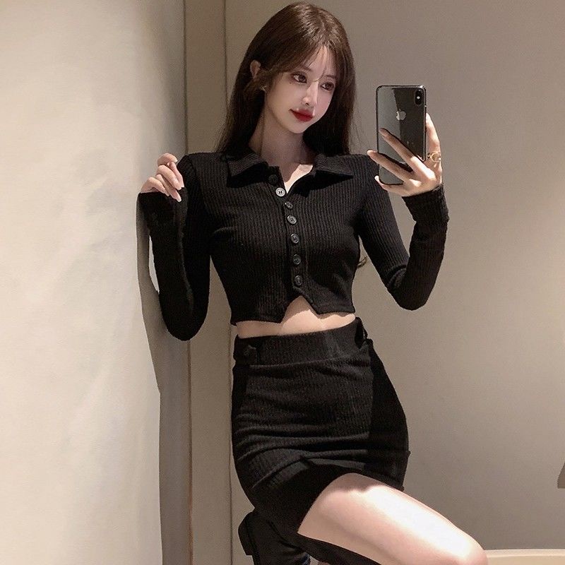 Set áo thun cổ polo + chân váy lưng cao thời trang nữ