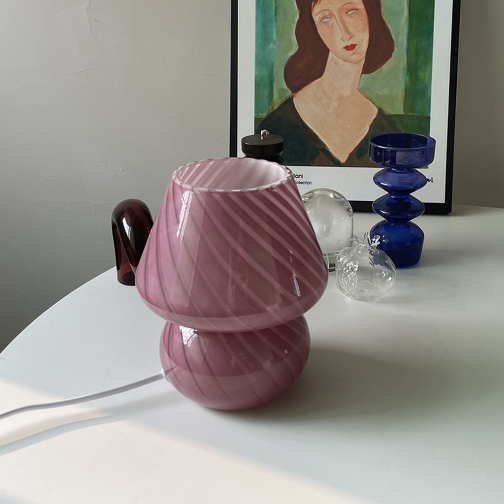 Đèn Ngủ Để Bàn Hình Cây Nấm Bằng Kính Kẻ Sọc Trong Suốt Phong Cách Cổ Điển Dễ Thương Kèm Sạc USB Tiện Dụng Trang Trí Nhà Cửa