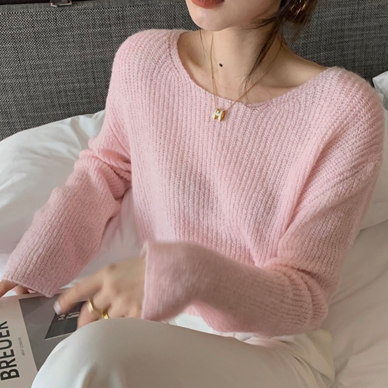Áo Sweater dệt kim dáng ngắn cổ tròn màu trơn đơn giản trẻ trung cho nữ