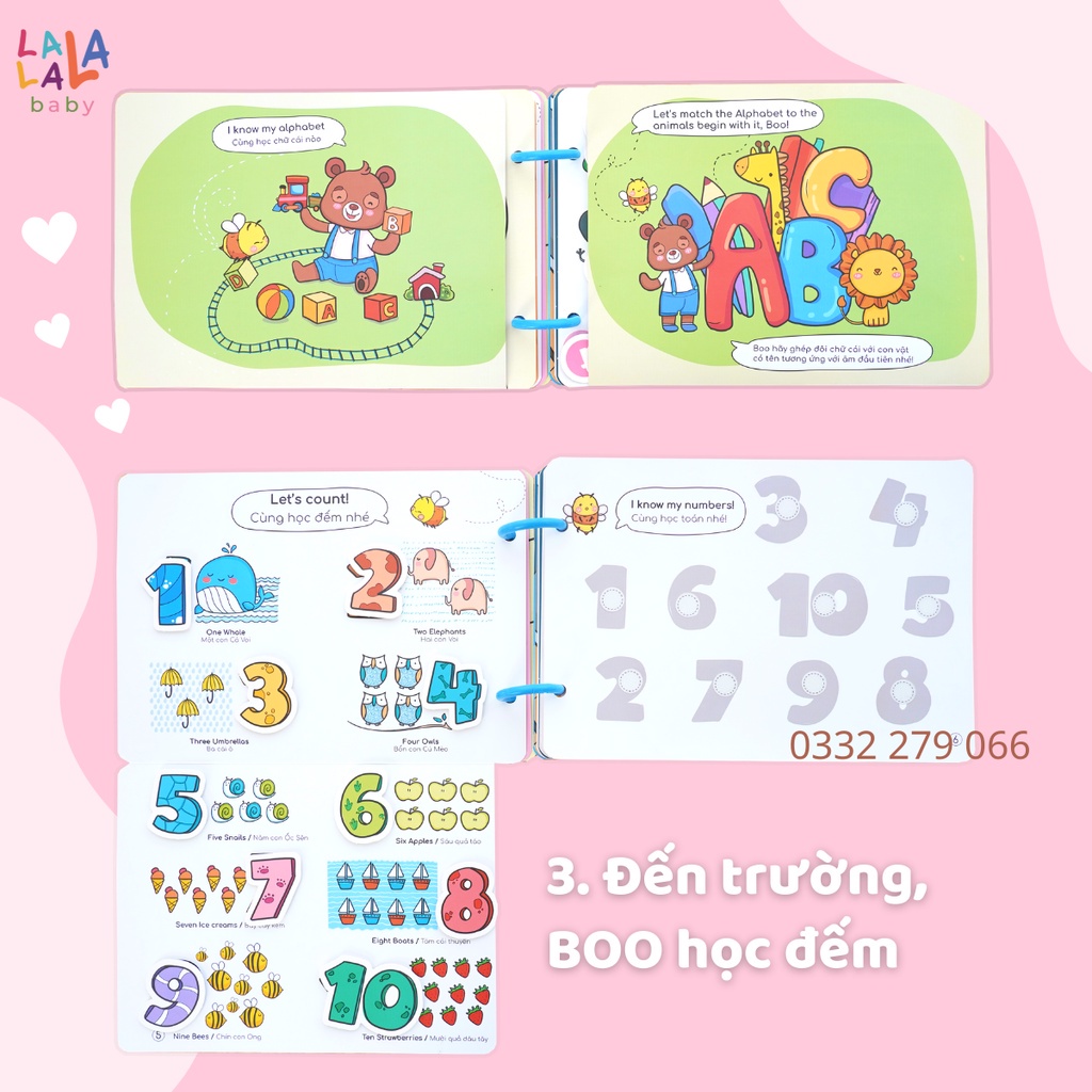 Học liệu bóc dán montessori SONG NGỮ ANH VIỆT busy book cho bé Lalala Baby, đồ chơi Beezi Book tặng decal khủng long