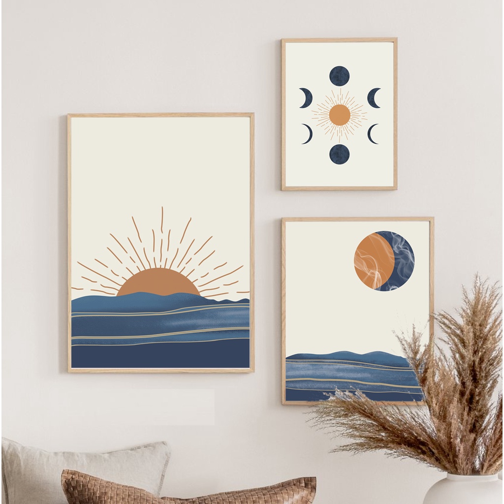 Set 3 tranh canvas trang trí treo tường khung vân gỗ, tặng kèm đinh treo