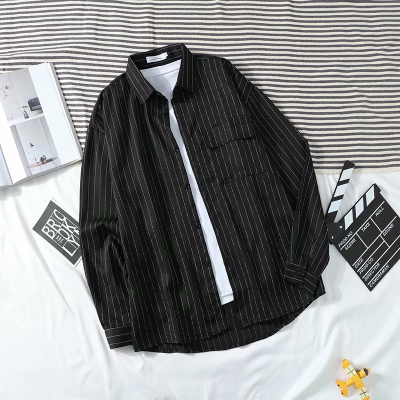 Áo Sơ Mi Tay Dài Họa Tiết Kẻ Sọc Dáng Rộng Phong Cách Hàn Quốc Cho Nam