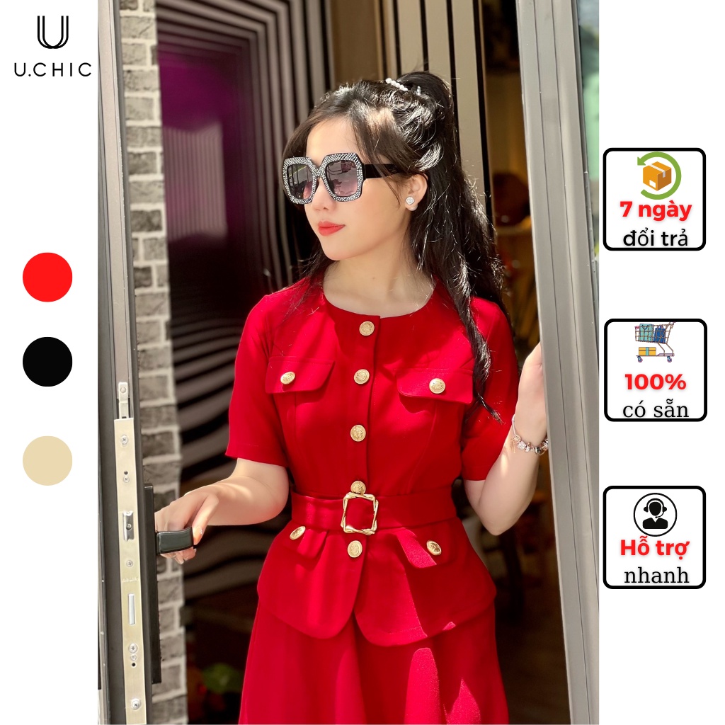 Sét cúc đồng, chân váy xòe dài, Chất tuyết nhung cao cấp,| U.CHIC | màu đỏ, đen, nâu | Đi làm, đi chơi, đi coffe,..