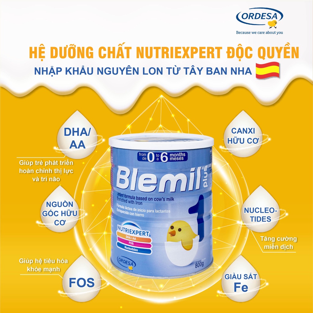 Sữa bột sinh học Blemil Plus 1 nhập khẩu Tây Ban Nha cho trẻ sơ sinh 800g
