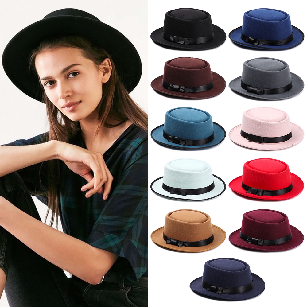 MOILY Vintage Woolen Fedora Hat Wide Brim Flat Top Jazz Cap Panama Winter Cowboy Hat
