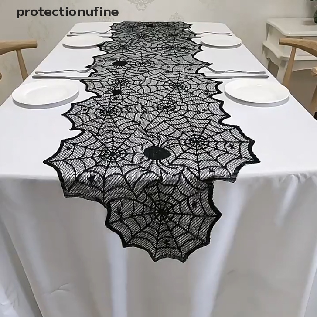 Khăn Trải Bàn PR3VN Hình Mạng Nhện Đầu Lâu Đen Phối Ren Trang Trí Tiệc Halloween
