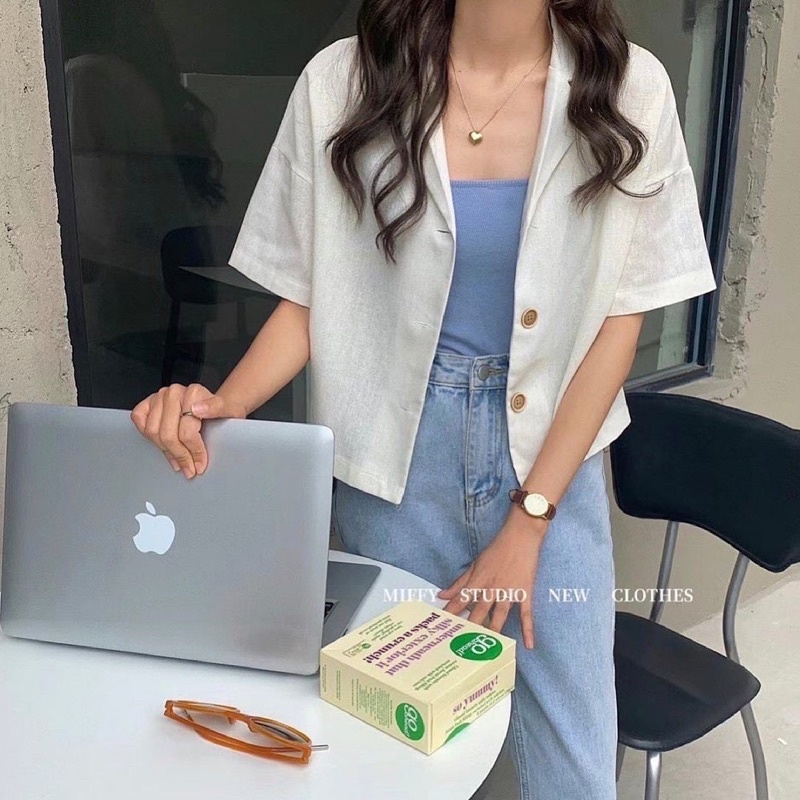 Áo cổ vest nút to (ảnh thật/ có sẵn)