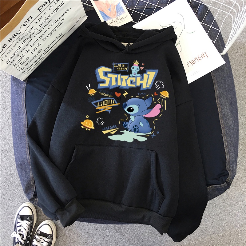 Áo Hoodie Tay Dài Dáng Rộng In Họa Tiết Hoạt Hình Stitch Dễ Thương Phong Cách Mỹ Cho Nam Và Nữ
