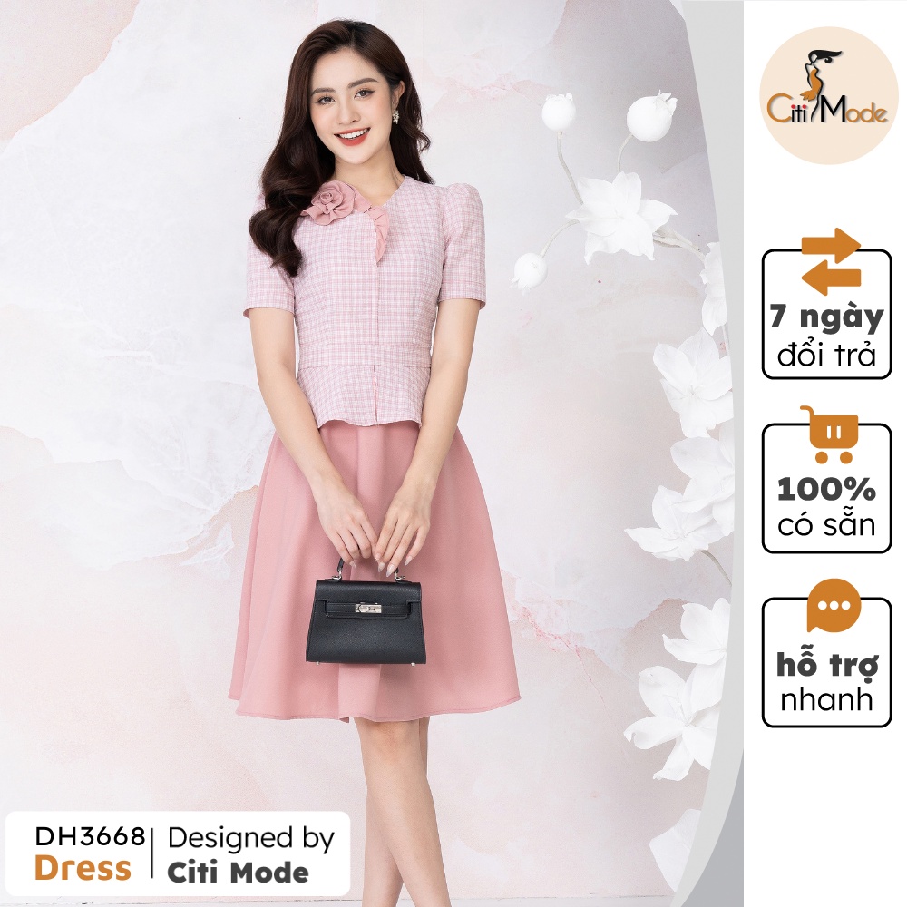 Đầm xoè công sở dáng peplum hồng cổ cách điệu cao cấp CITI MODE DH3668
