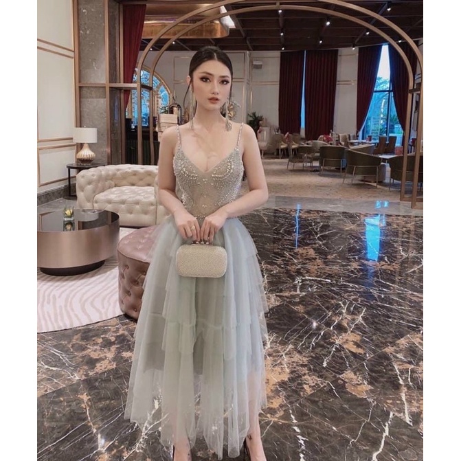 Đầm váy nữ xoè tầng 2 dây có 4 màu