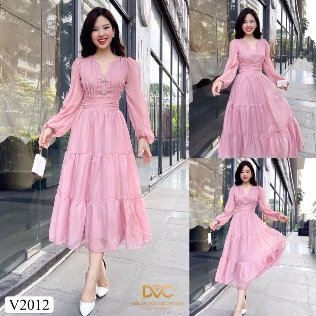 Đầm thiết kế chât voan lụa phối ren hàn cổ V dáng xòe nhẹ nhàng V2012 - Glady Design