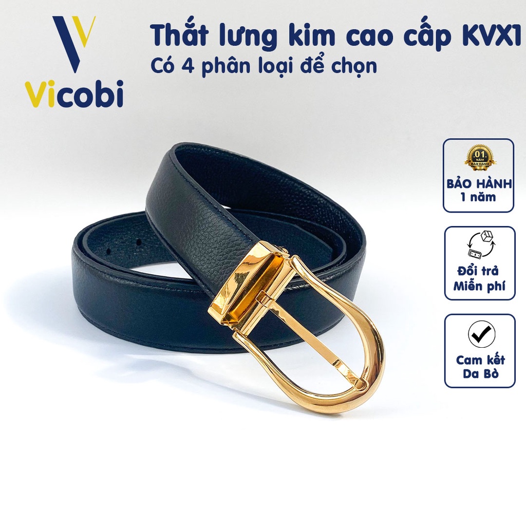 Thắt lưng Nam Da Bò Cao Cấp Vicobi, khóa VÀNG KVX1 BẰNG THÉP chống rỉ cực bền dây 3,3cm x 115cm, Made in Viet Nam