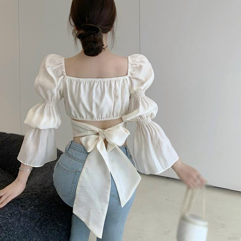 Áo croptop trễ vai tay dài nơ lưng cột nhiều kiểu chất voan mịn xinh tôn dáng- Mặc 2 kiểu 236 FIORI STORE