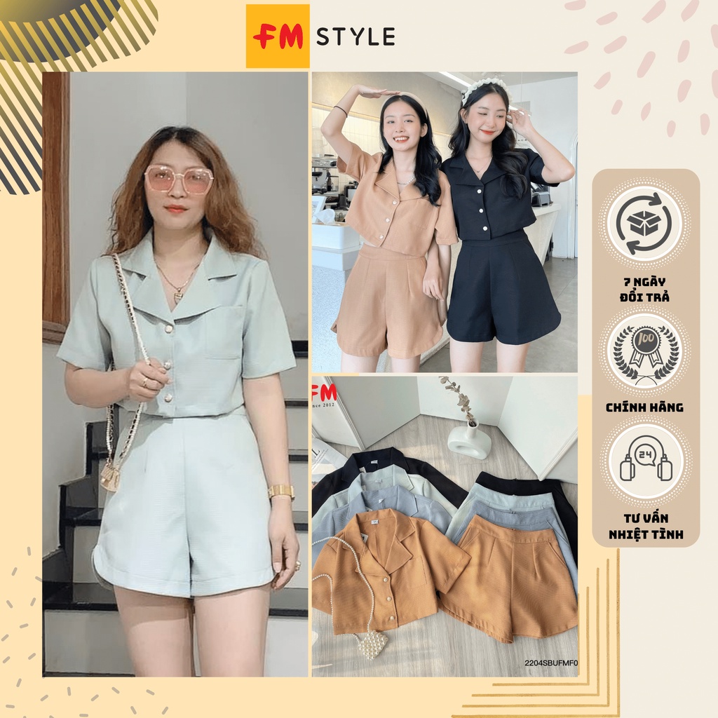 Set đồ nữ quần short kèm áo kiểu cổ vest dáng croptop fmstyle, set áo croptop hàng thiết kế | Fmstyl