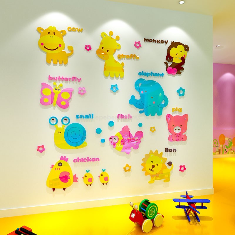 Tranh dán tường mica 3d decor khổ lớn bảng chữ cái các con thú trang trí mầm non, phòng cho bé Nhiều Size - EPeBen