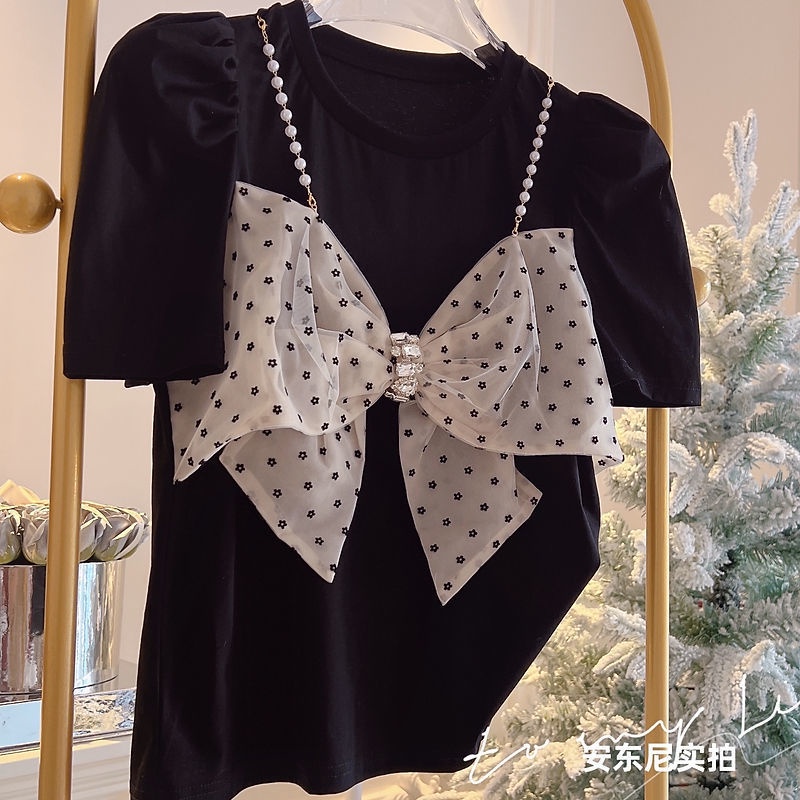 Áo Thun Tay Ngắn Dáng Rộng Màu Đen Đính Hạt Thời Trang Mùa Hè Cho Nữ