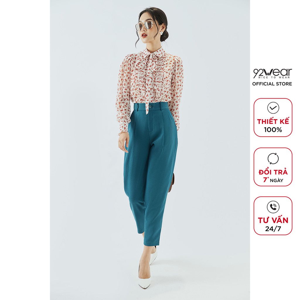 Áo sơ mi nữ dài tay nơ cổ 92WEAR thiết kết công sở thanh lịch ASA1821