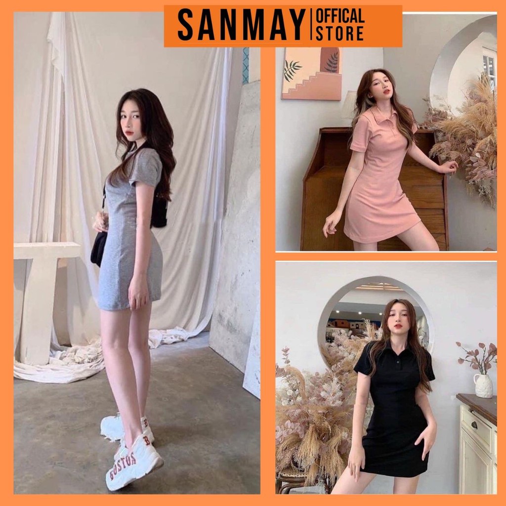 Váy Thun Suông SANJOL Đầm Polo Nữ Ôm Body Vải Cotton Sang Chảnh Hàn Quốc, Đi Chơi Biển Thiết Kế 3 Màu Xám Đen Hồng VD035