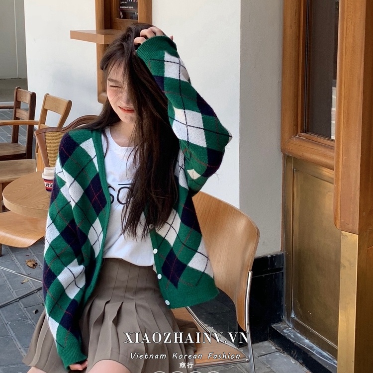 Áo Khoác Len Cardigan Nữ Dệt Kim Dáng Rộng Họa Tiết Trám Tông Xanh Phong Cách Cổ Điển Vintage Hàn Quốc