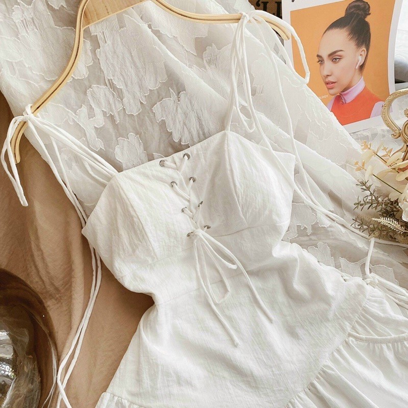 ẢNH THẬT TRẢI SÀN - ĐẦM TRẮNG 2S CỘT VAI ĐAN DÂY NGỰC