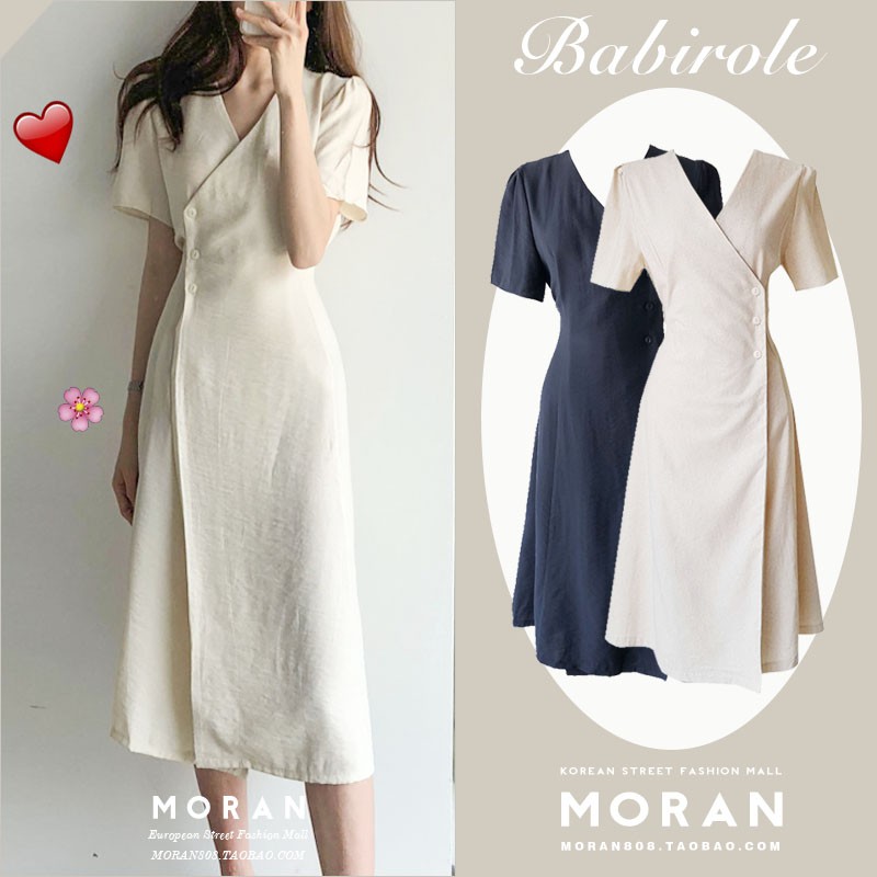 (ORDER) Váy cotton MORAN dáng dài cộc tay cổ V thắt eo chéo tà đơn giản nhẹ nhàng Vintage Hàn Quốc