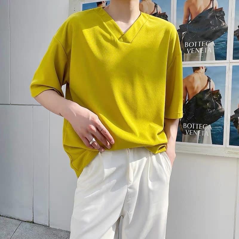 &lt;&lt;Có sẵn&gt;&gt; Áo Polyester tay lở cổ tim phong cách Hàn Quốc cho nam cá tính năng động dạo phố du lịch