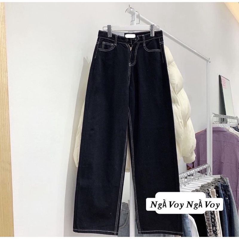 Quần Jeans đen thiết kế chỉ nổi trắng ống rộng form suông tôn dáng chân dài dễ mix và phối đồ