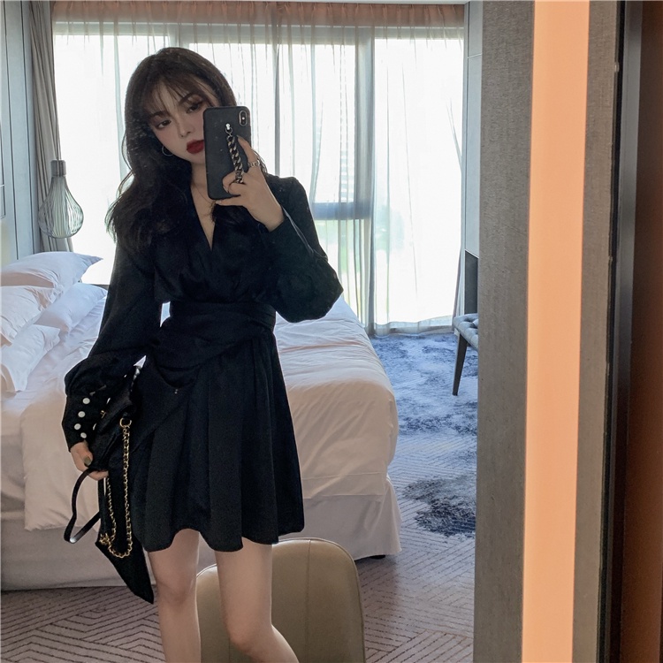 Đầm phi lụa dài tay vạt lệch phong cách Korean style - u.w