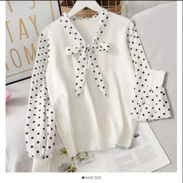 Áo len tay voan cổ nơ tiểu thư