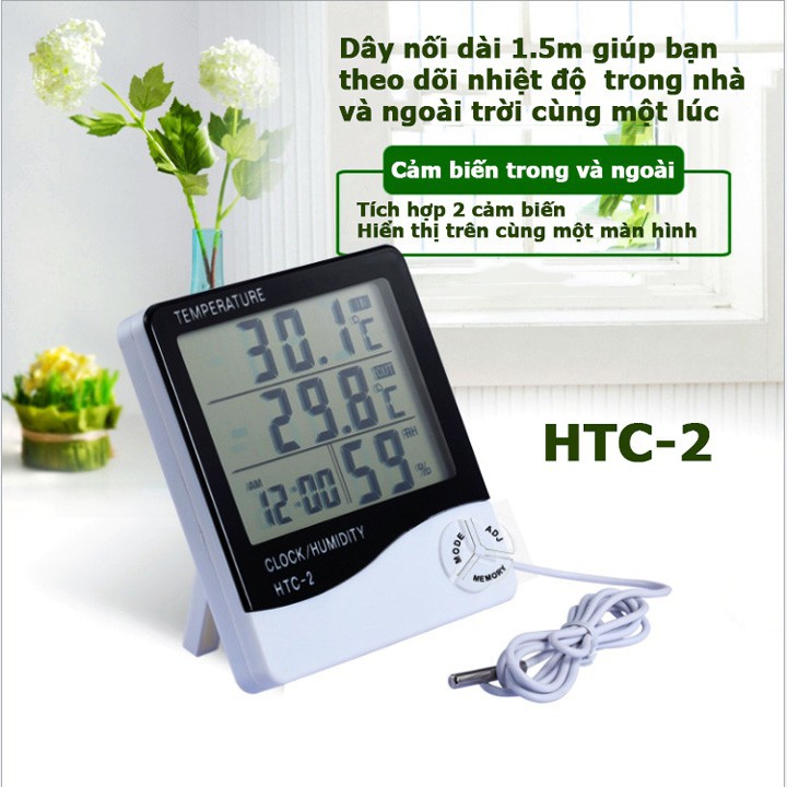 Đồng hồ đo ẩm kế, nhiệt kế điện tử HTC-2 với 2 cảm biến trong và ngoài -dc1183