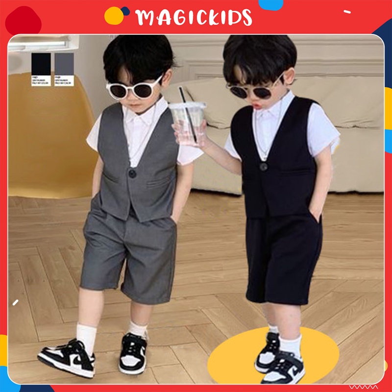 Set bộ gile bé trai Magickids có 3 chi tiết, áo sơ mi, áo vest, quần short phong cách Hàn Quốc đi chơi, sự kiện BR22029