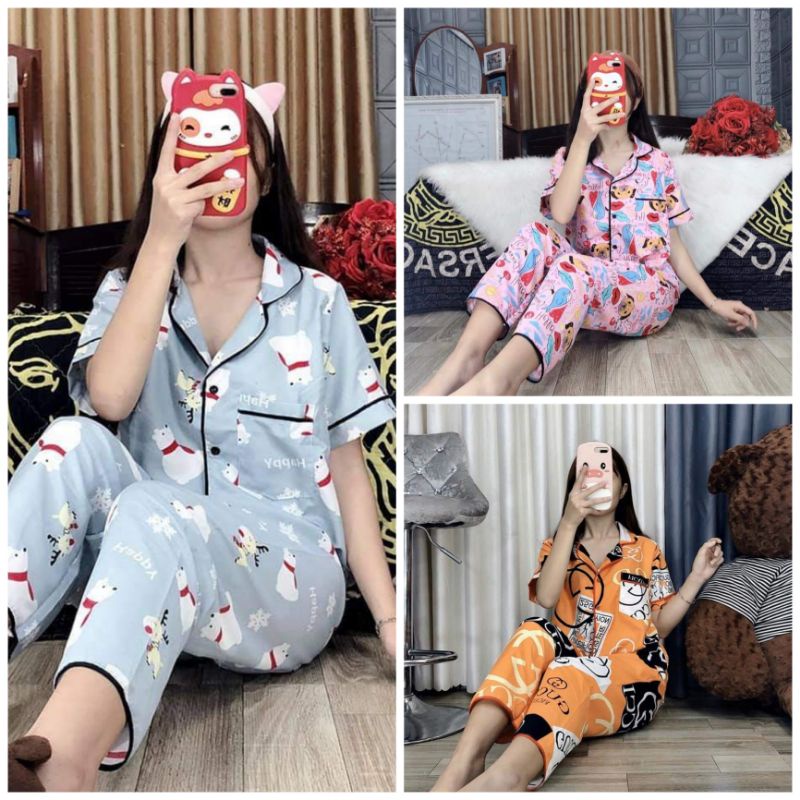 Bộ Pyjama kate thái loại 1 tay cộc quần dài