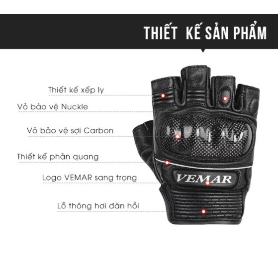 Găng tay da moto bảo hộ hở ngón cao cấp gù nổi sợi carbon VEMAR VE-206