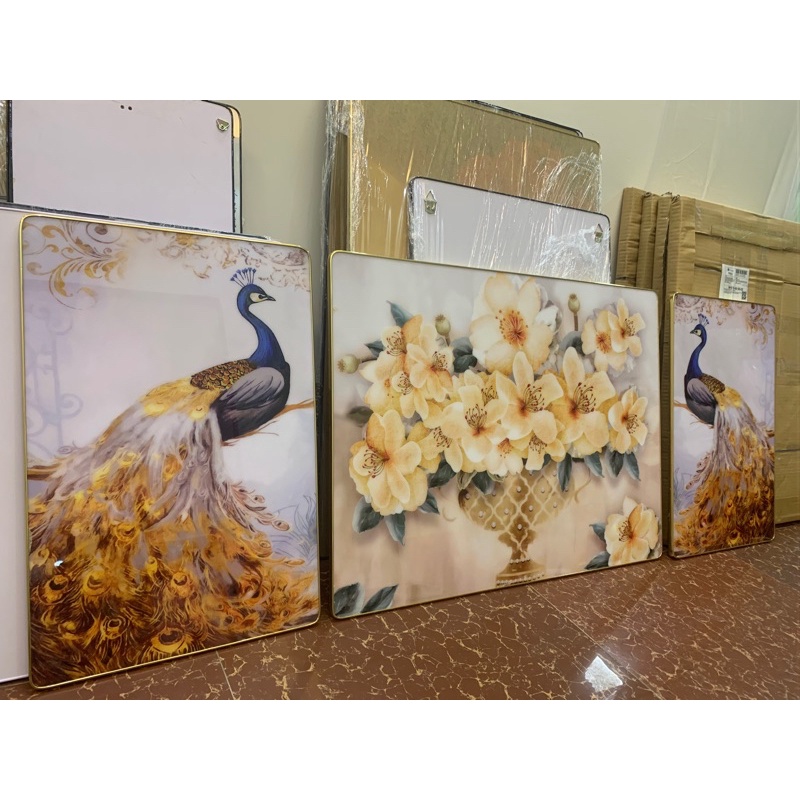 T23 Bộ 3 Tranh Treo Tường Phòng Khách Chim Công Và Bình Hoa Tráng/ Phòng ngủ/ Quà tặng Decor Tráng Gương