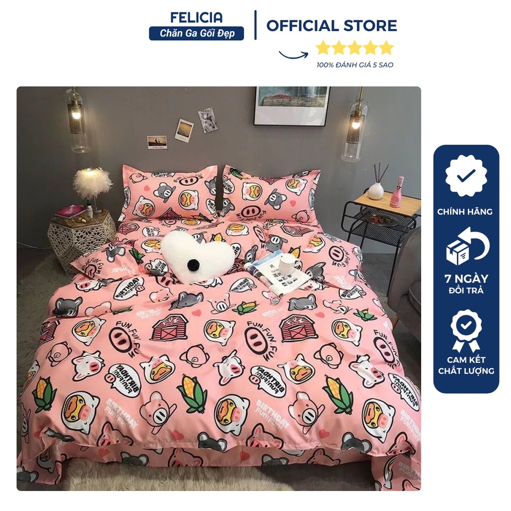 Bộ Ga Gối Poly Cotton Felicia 3 Món Mẫu Heo Hồng m2/m6/m8/2m2, 1 Drap Bo Chun Ga Giường + 2 Vỏ Gối Poly Cotton