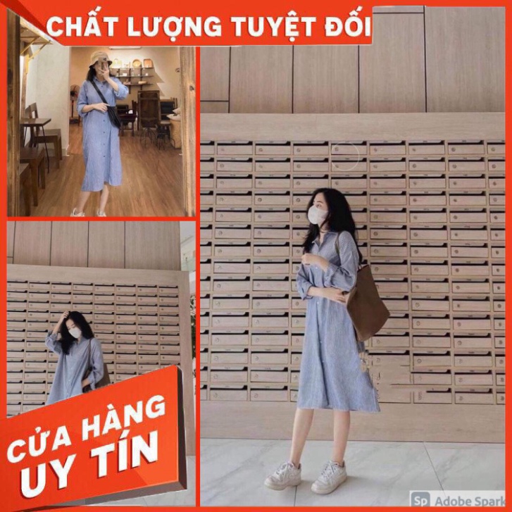 🌸 Đầm cổ sơ mi dáng suông kẻ caro xanh dài tay Ulzzang HOT 🌸 - SIÊU HOT
