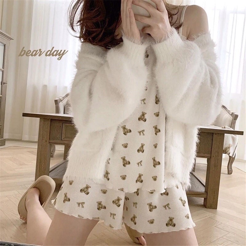 Set Bộ gấu 2 dây chất thun lạnh mặc hè bao mát