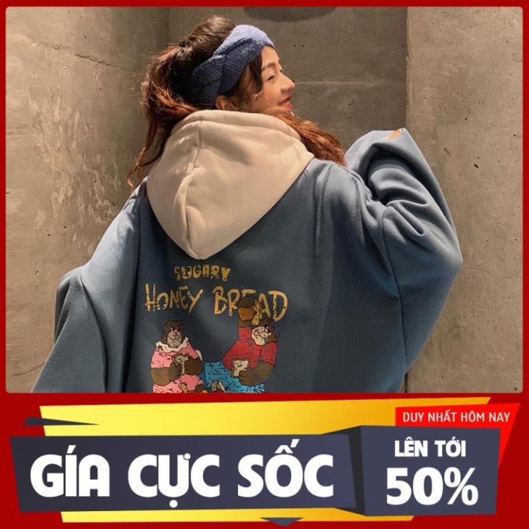Áo nỉ hoodie nữ form rộng Áo hoodie nữ form rộng nỉ bông có mũ dài unisex oversize hình HONEY BREAD màu xám