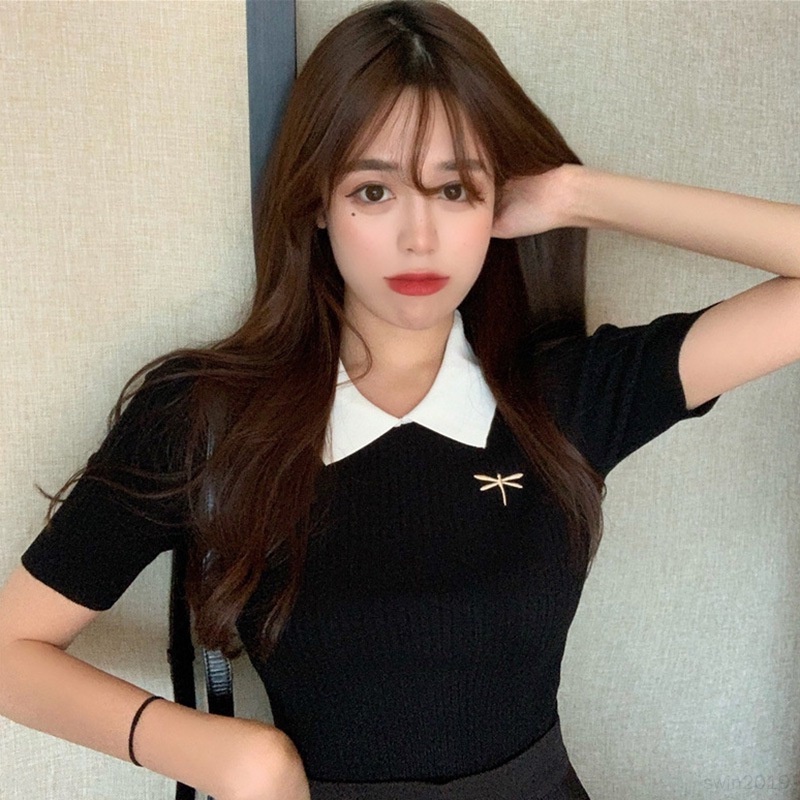 Áo Croptop Dệt Kim Dáng Ôm Thêu Họa Tiết Xinh Xắn Thời Trang Hàn Quốc Cho Nữ