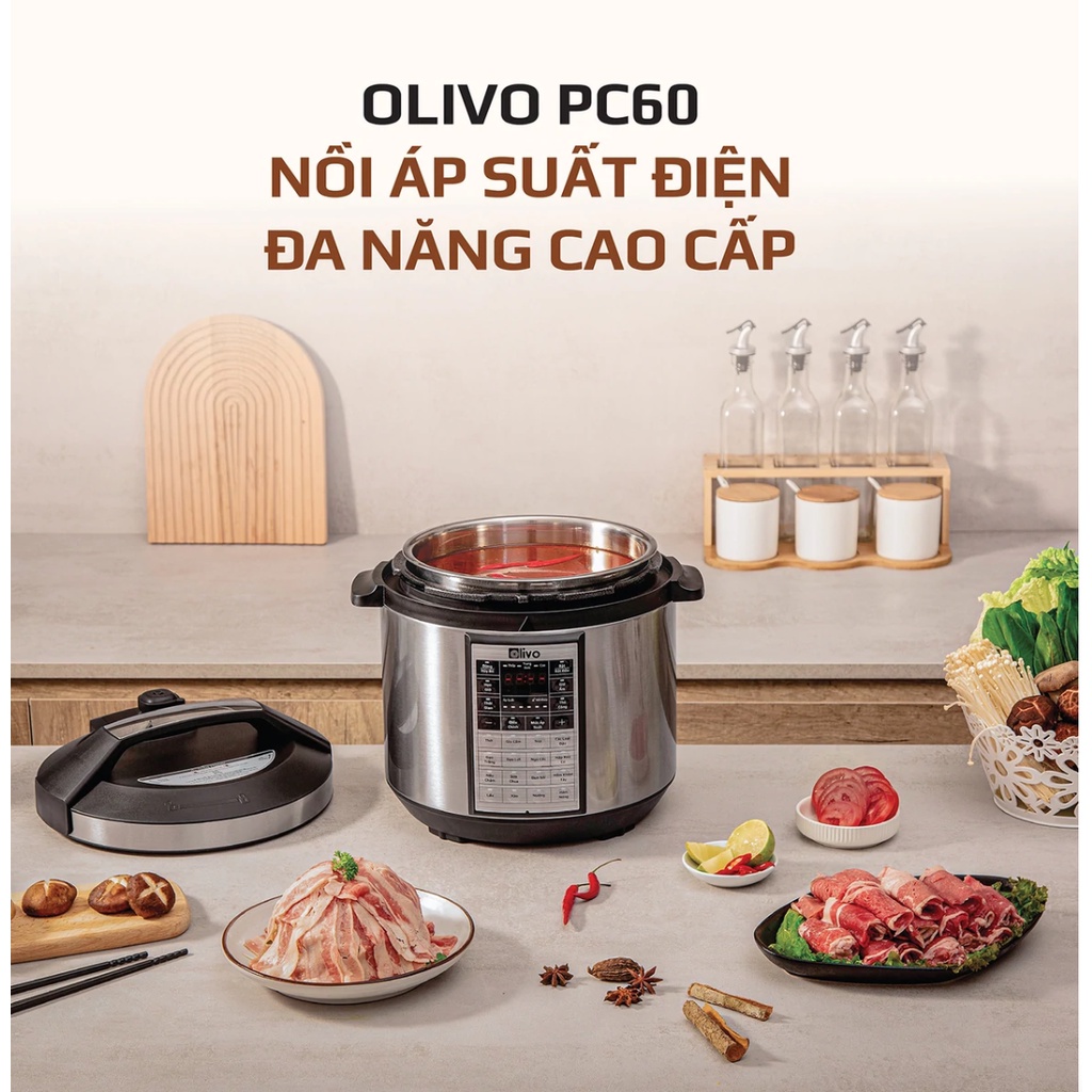 Nồi Áp Suất Điện Đa Năng OLIVO PC60 - Dung Tích 6L - Công Suất 1000W, Bảo hành chính hãng 24 tháng